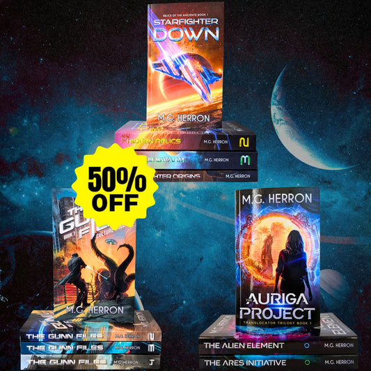 Mult-Series Bundle Images that contains:

Relics of the Ancients Series 4-book Paperback Bundle, The Gunn Files Series 4-book Paperback Bundle, The Translocator Series Paperback Bundle.
By: M.G. Herron
