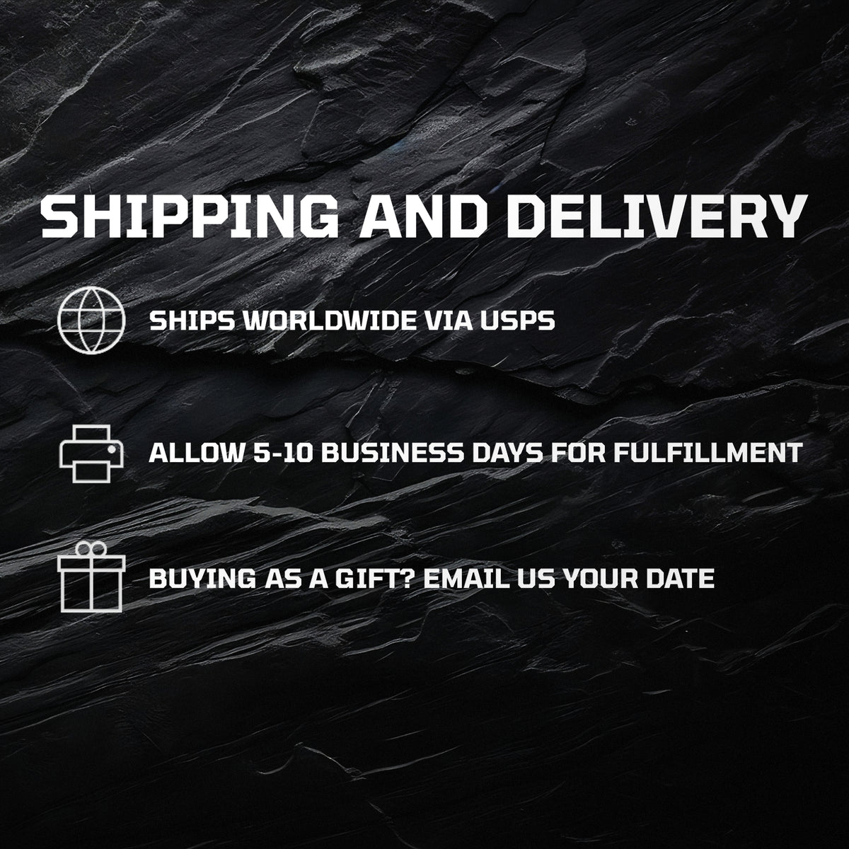 Shipping and delivery:
Ships worldwide via USPS
Allow 5-10 business days for fulfillment
Buying as a gift? Email us your date