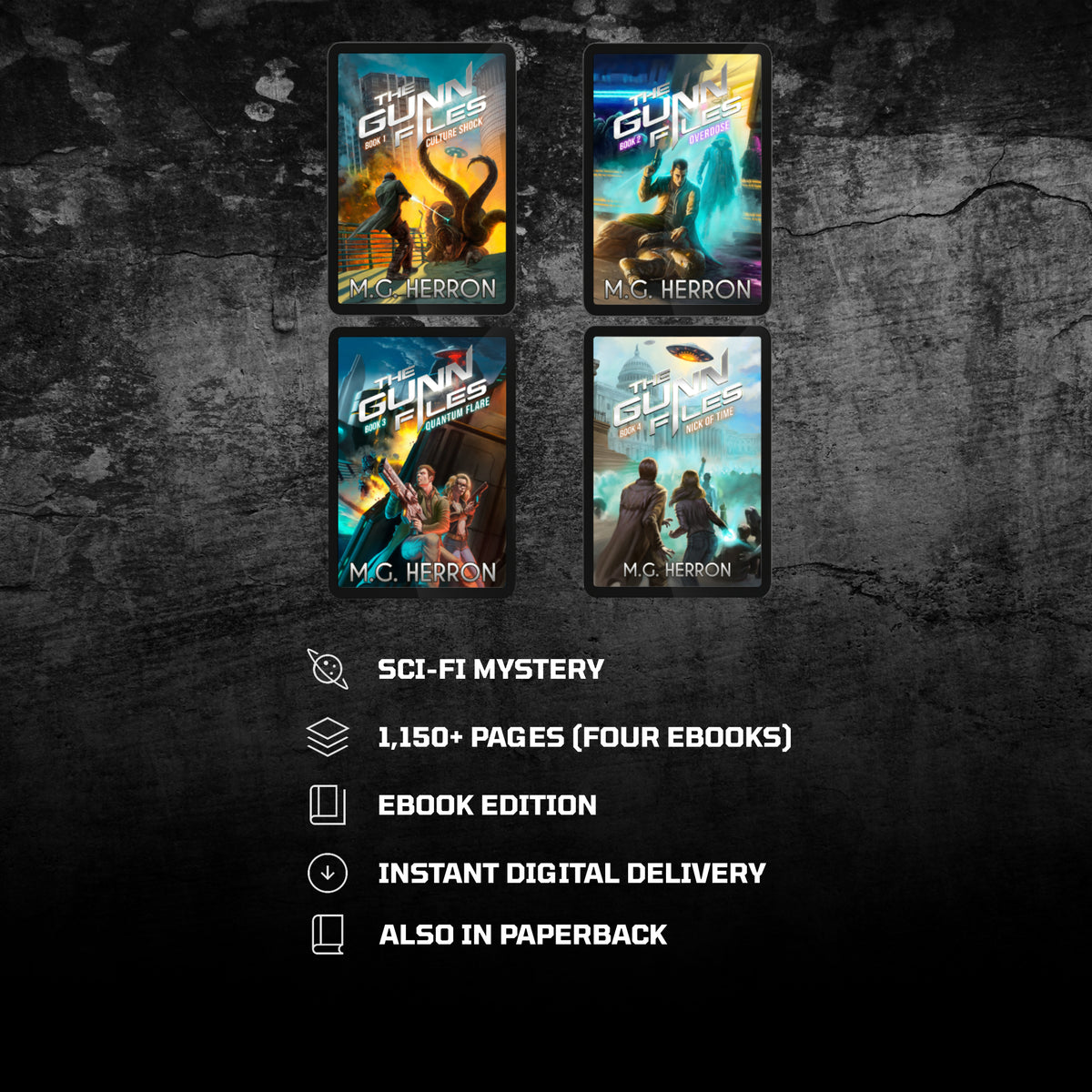 The Gunn Files book 1-4 reading experience:
sci-fi mystery
1,150+ pages
ebook edition
instant digital delivery
also in paperback