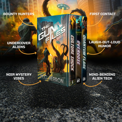 The Gunn Files book 1-3 tropes
bounty hunters
undercover aliens
first contact
laugh-out-loud humor
noir mystery vibes
mind-bending tech