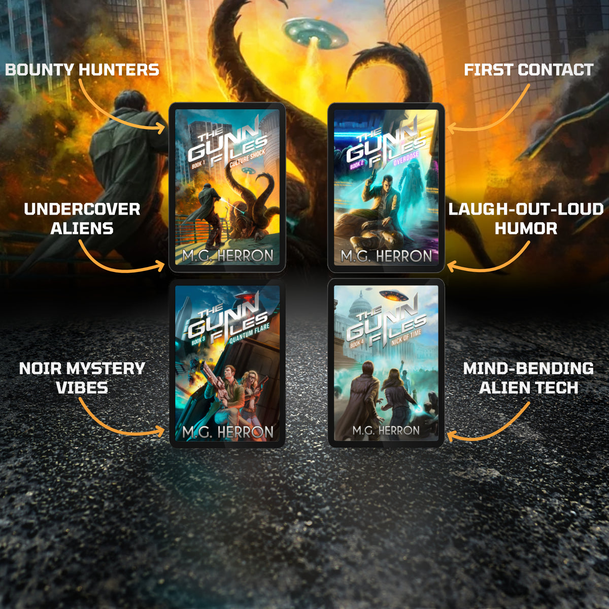 The Gunn Files book 1-4 tropes:
bounty hunters
undercover aliens
first contact
laugh-out-loud humor
noir mystery vibes
mind-bending tech