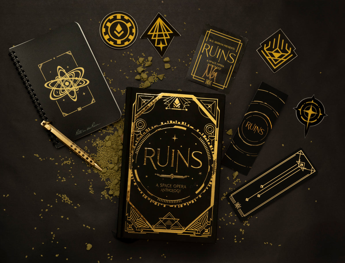 Ruins in Gold Foiled Hardback image that includes merch (Notebook and pen, 4 stickers in Ruins theme, gold foil bookmark, and a signed bookplate.